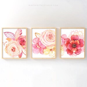 Blush Floral Nursery Wall Art Set of 3 – Soft Pink Watercolor Flower Prints, Pastel Baby Girl Room Decor, Printable Botanical Artwork