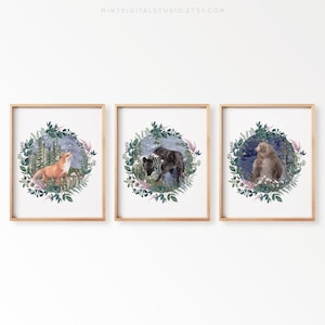 Woodland Nursery Prints Set of 3, Girl Forest Animal Wall Art, Boho Floral Nursery Decor, Printable Woodland Watercolor Animal Posters