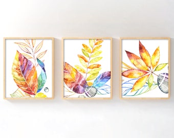 Watercolor Fall Leaf Wall Art Set of 3, Autumn Botanical Printable, Fireplace Mantel Entryway Decor, Thanksgiving Gift, Instant Download