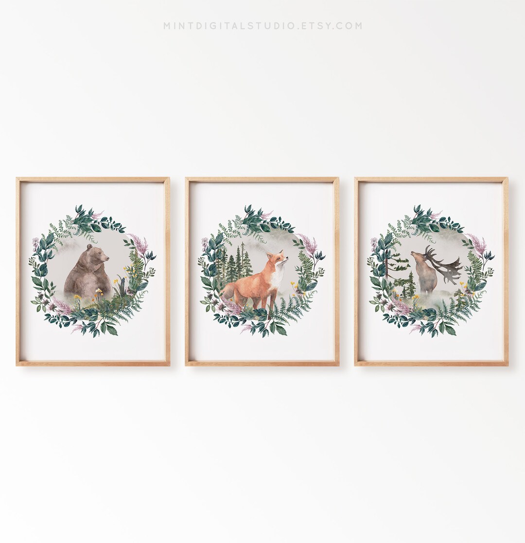 Woodland Nursery Wall Art Set of 3, Boho Girl Nursery Decor, Printable ...