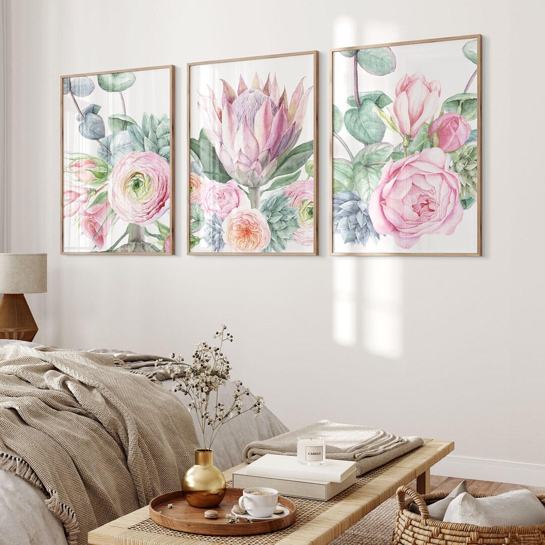 Girls Room Floral Wall Art Set of 3, Blush Pink Botanical Prints ...