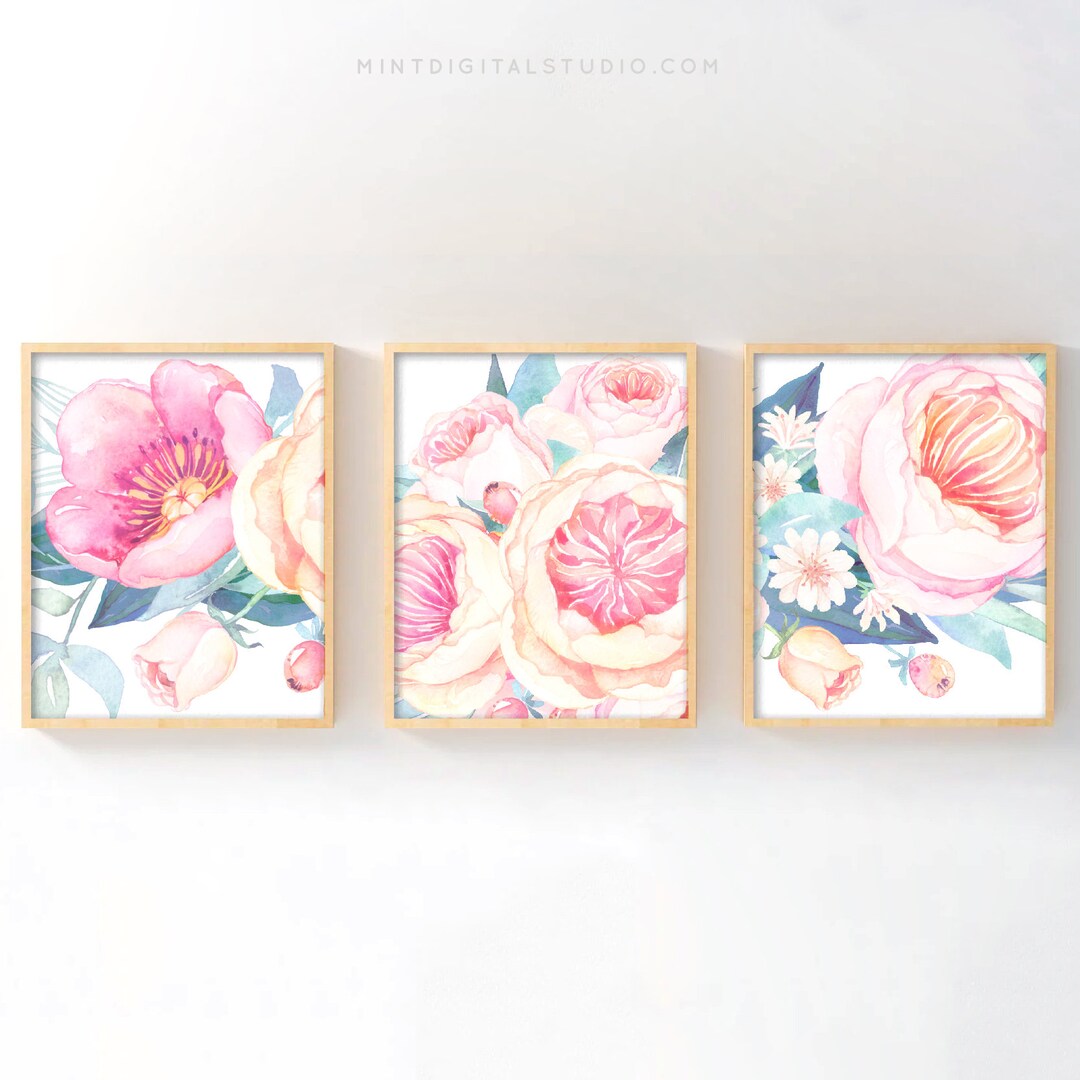 Blush Pink Peony Wall Art Set of 3, Floral Printable Decor for Nursery ...