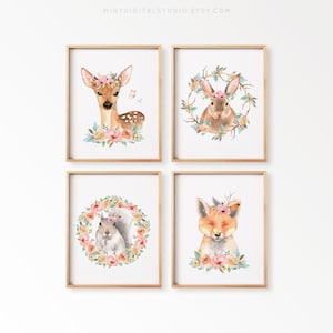 Woodland Animals Nursery Wall Art Set of 4, Floral Forest Animal Prints for Girls, Blush Pink Nursery Decor, Boho Printable Baby Room Art