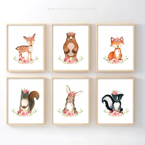 Woodland Animal Nursery Prints Set of 6, Girl Nursery Wall Art, Boho Forest Animal Decor, Floral Printable Baby Room Art