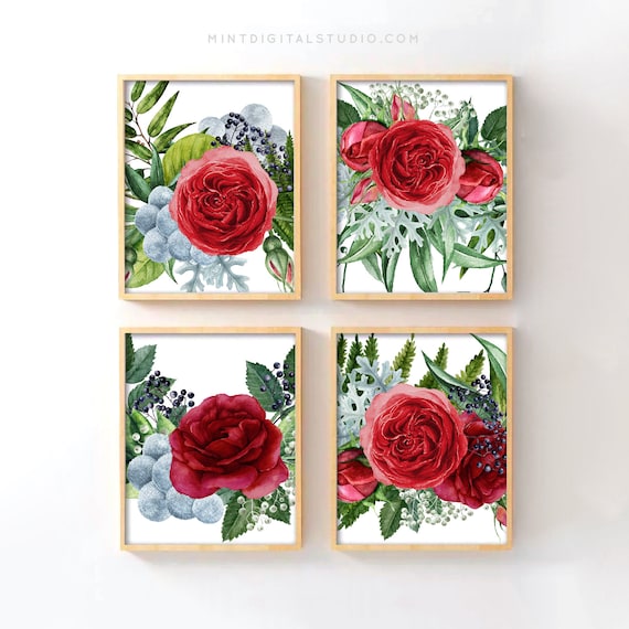 Red Floral Wall Art Red Flower Prints Red Rose Print Set of Etsy
