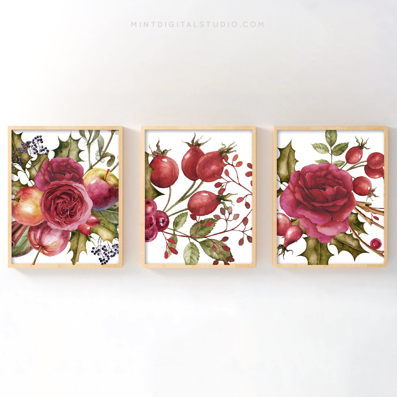 Rose Print Set of 3 Red Rose Wall Art Burgundy Flowers Etsy