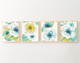 Lot de 4 oeuvres d'art murales florales sarcelle aquarelle, fleurs bleu aqua et or vert, imprimable, décoration de chambre à coucher moderne, impression botanique