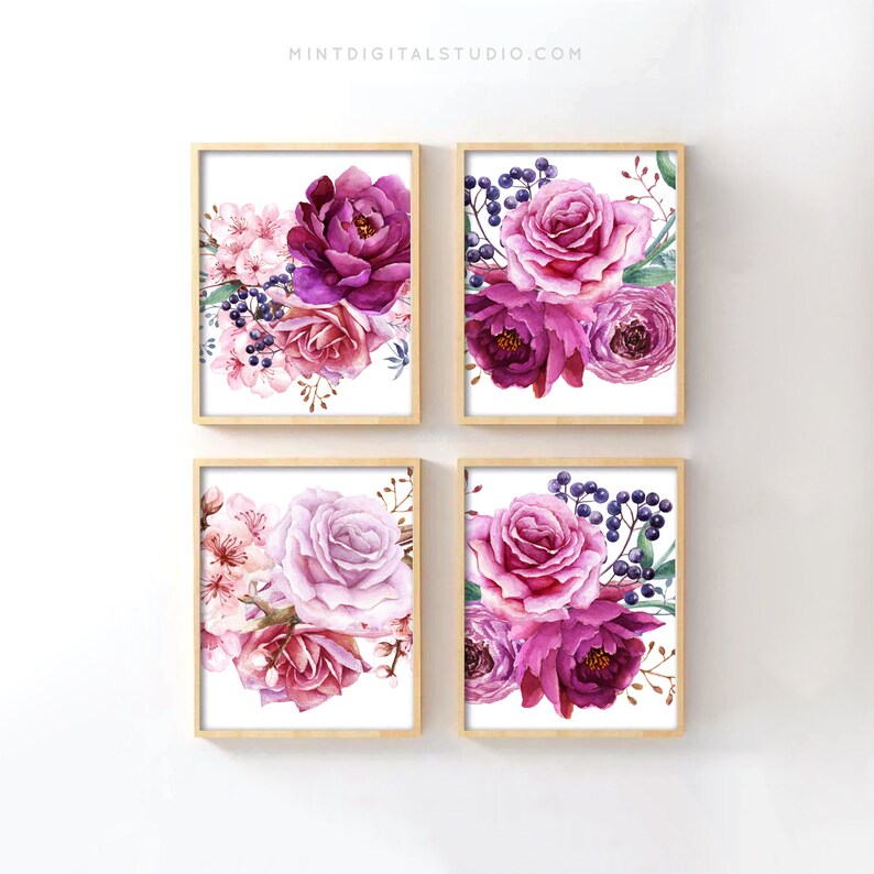 Pink Rose Wall Art Set of 4 Printable Botanical Decor Shabby Etsy