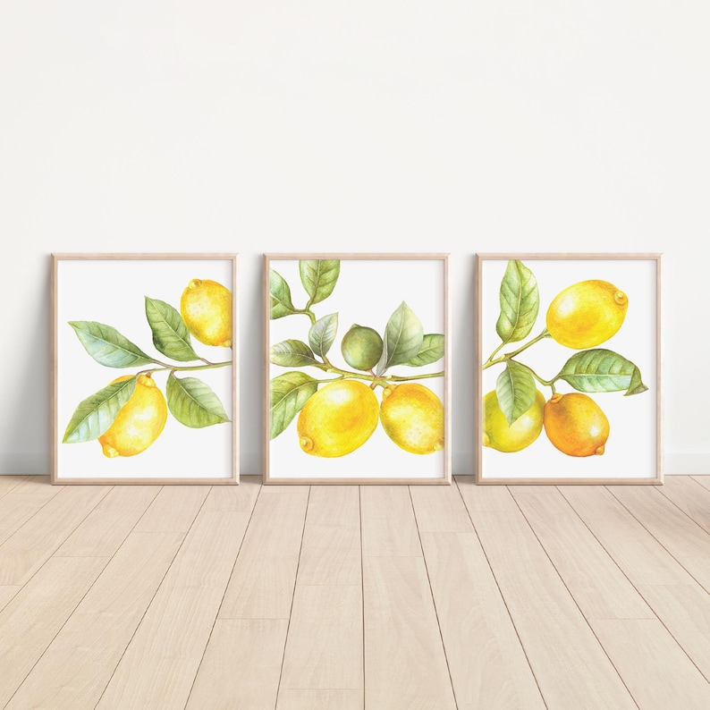 Watercolor lemon prints set of 3 light wood frames botanical kitchen art