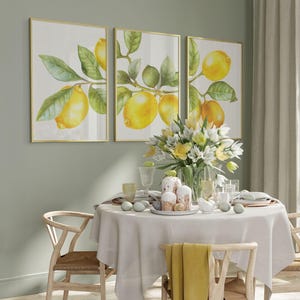 Lemon wall art set of 3 framed green wall dining room Mediterranean decor
