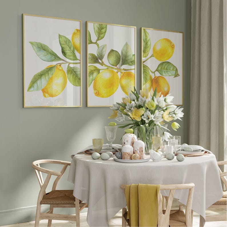 Lemon wall art set of 3 framed green wall dining room Mediterranean decor