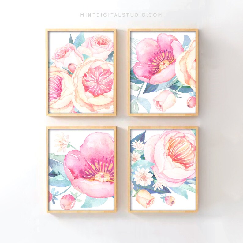 Blush Pink Floral Wall Art Set of 4 Floral Nursery Prints Etsy