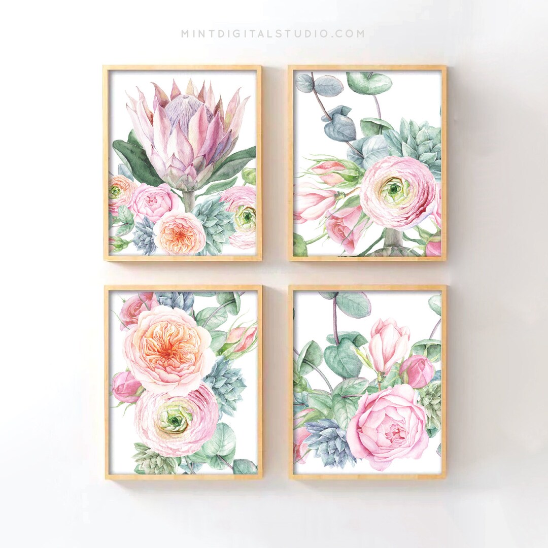 Blush Pink Floral Wall Art – Set of 4 Printable Botanical Prints With ...