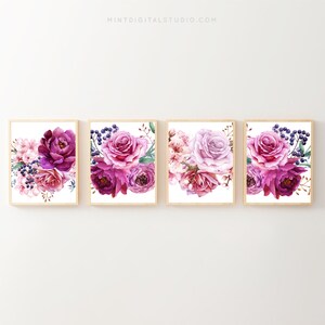 Roze bloemen muurkunst set van 4 – afdrukbare roos- en pioenrozenprints voor slaapkamer, kinderkamer of shabby-chic decor, digitaal botanisch kunstwerk