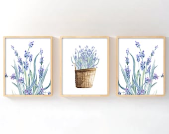 Watercolor Lavender Wall Art Set of 3, Herb Kitchen Cottage Printable, Purple Flower Living Room Bedroom Decor, Botanical Print