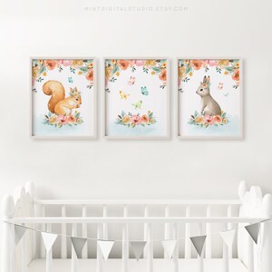 Boho Woodland Animal Nursery Wall Art – Printable Set of 3 Baby Girl Forest Prints with Bunny, Squirrel and Butterflies