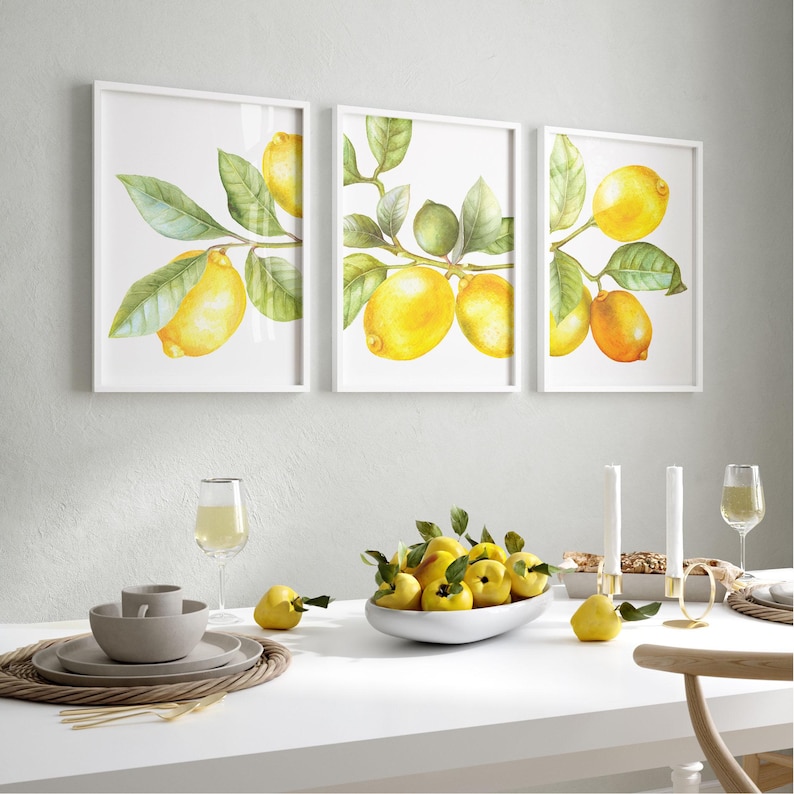 Watercolor lemon wall art set of 3 amalfi coast kitchen decor summer citrus print dining room