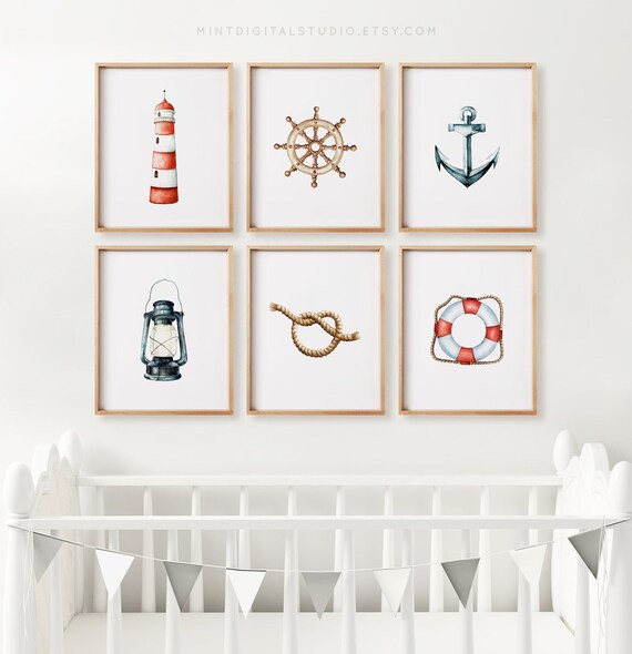 Nautical Wall Art Set of 6, Coastal Printable Decor, Lighthouse Anchor Beach House Prints, Ocean Nursery Art, Instant Download