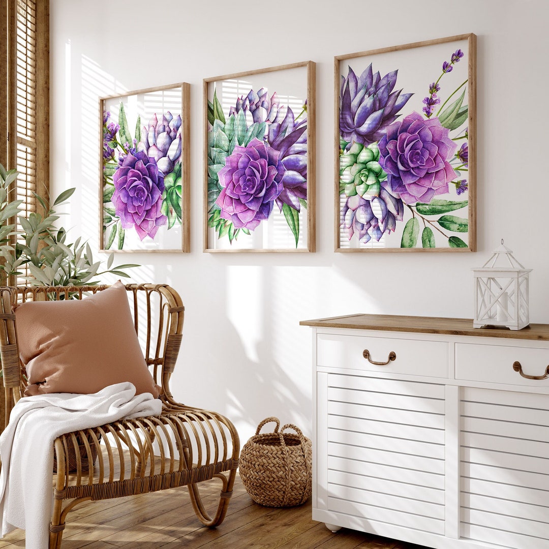 Succulent Wall Art Set of 3 – Purple & Sage Green Botanical Prints ...