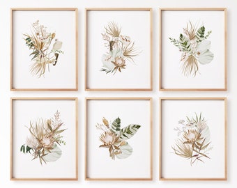 May include: Six framed botanical art prints featuring watercolor illustrations of dried flowers and foliage in neutral tones. The prints have a minimalist aesthetic with a focus on natural elements, perfect for adding a touch of nature-inspired decor to any space.