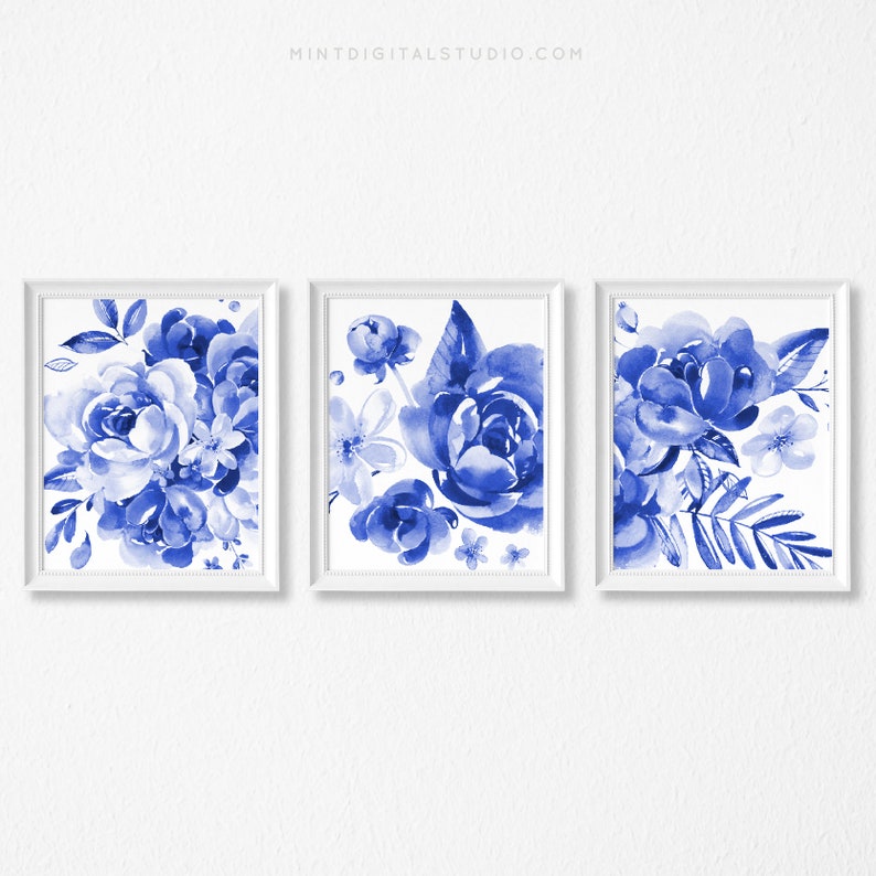 Blue Floral Prints Floral Watercolor Print Set of 3 Blue Etsy