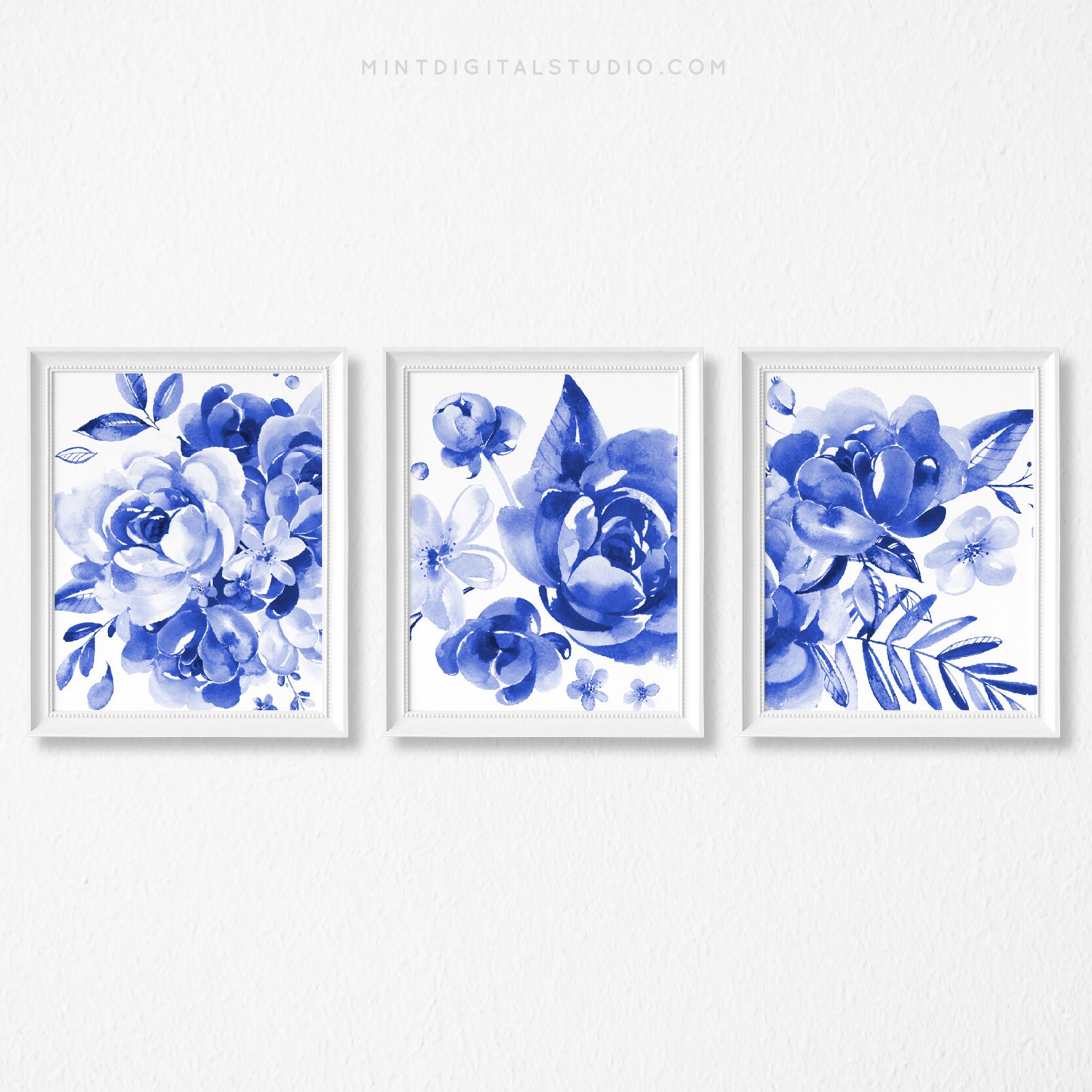 Blue Floral Prints Floral Watercolor Print Set of 3 Blue Etsy