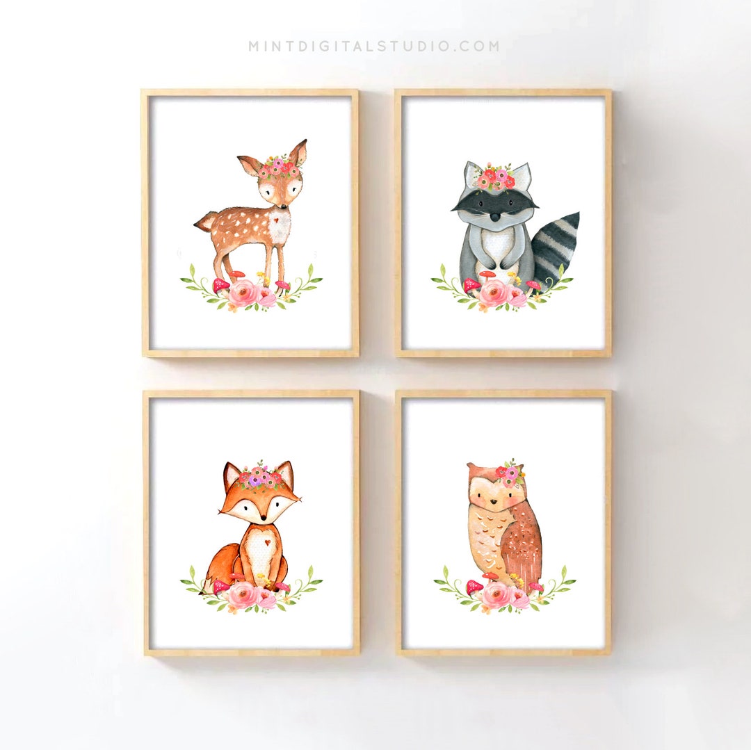 Woodland Animals Nursery Wall Art Set of 4, Girl Room Decor, Printable ...