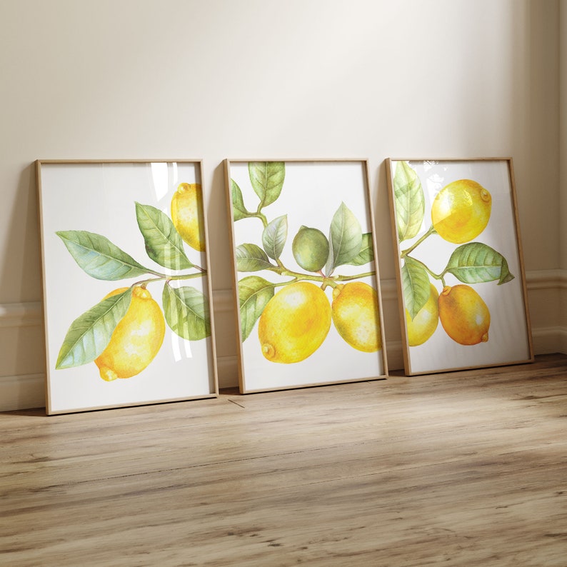Lemon Prints Set, Printable Lemon Art, Botanical Citrus Prints, Dining