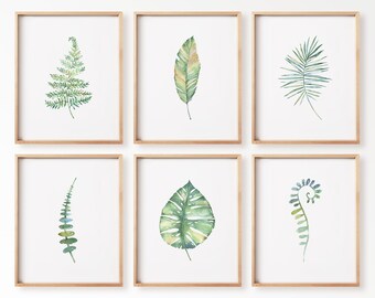 Watercolor Botanical Leaf Wall Art Set of 6, Tropical Fern Palm Printable, Modern Green Living Room Bedroom Decor, Gallery Wall