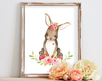 Watercolor Bunny Nursery Wall Art Print, Soft Floral Rabbit Baby Girl Decor, Woodland Forest Printable, Easter Baby Shower Gift