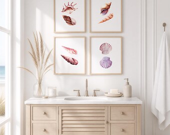 Watercolor Seashell Wall Art Set of 4, Coastal Beach Bathroom Printable, Beach House Decor, Ocean Shell Print, Instant Download