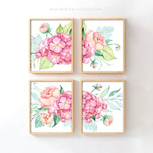 4 pink hydrangea prints nursery wall art watercolor botanical set of 4