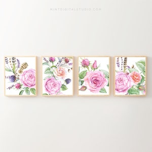 Romantische roos muurkunst set van 4, roze bloemen afdrukbaar decor, shabby chique slaapkamer of meisjeskamer, botanische wilde bloemen bohoprints