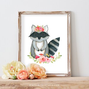 Raccoon Nursery Wall Art, Woodland Baby Girl Printable, Forest Animal Nursery Decor, Boho Woodland Raccoon Print