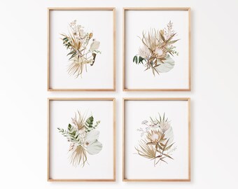 May include: Four framed botanical art prints. Each print features a watercolor illustration of dried flowers and foliage in shades of beige, green, and white. The frames are made of light-colored wood. The text "MINTDIGITALSTUDIO.ETSY.COM" is at the top.