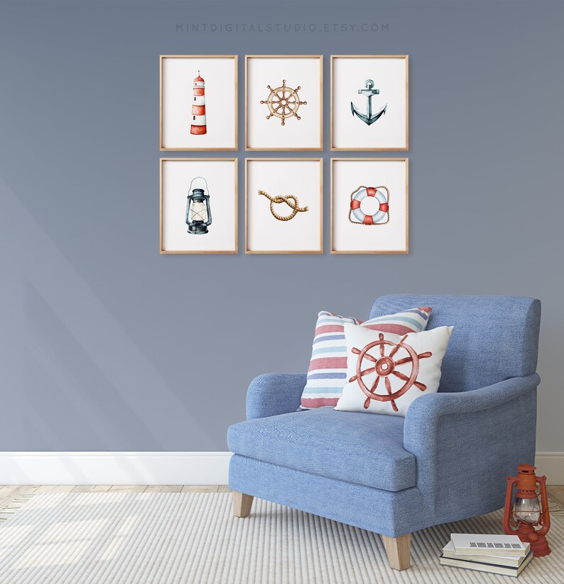 Beach house wall decor nautical printable set lighthouse anchor prints
