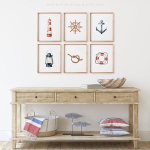 Nautical prints set lighthouse ship wheel anchor coastal wall decor