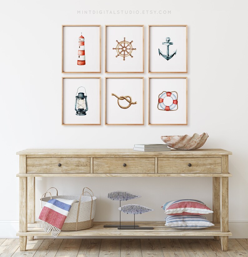 Nautical prints set lighthouse ship wheel anchor coastal wall decor