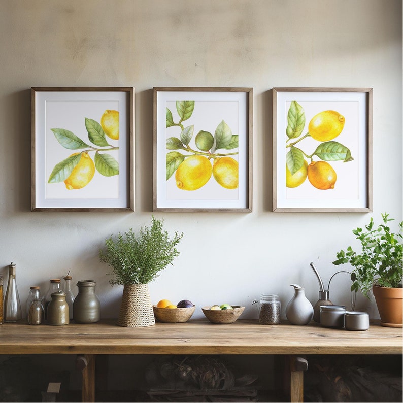Lemon branch watercolor prints set of 3 citrus botanical kitchen wall art
