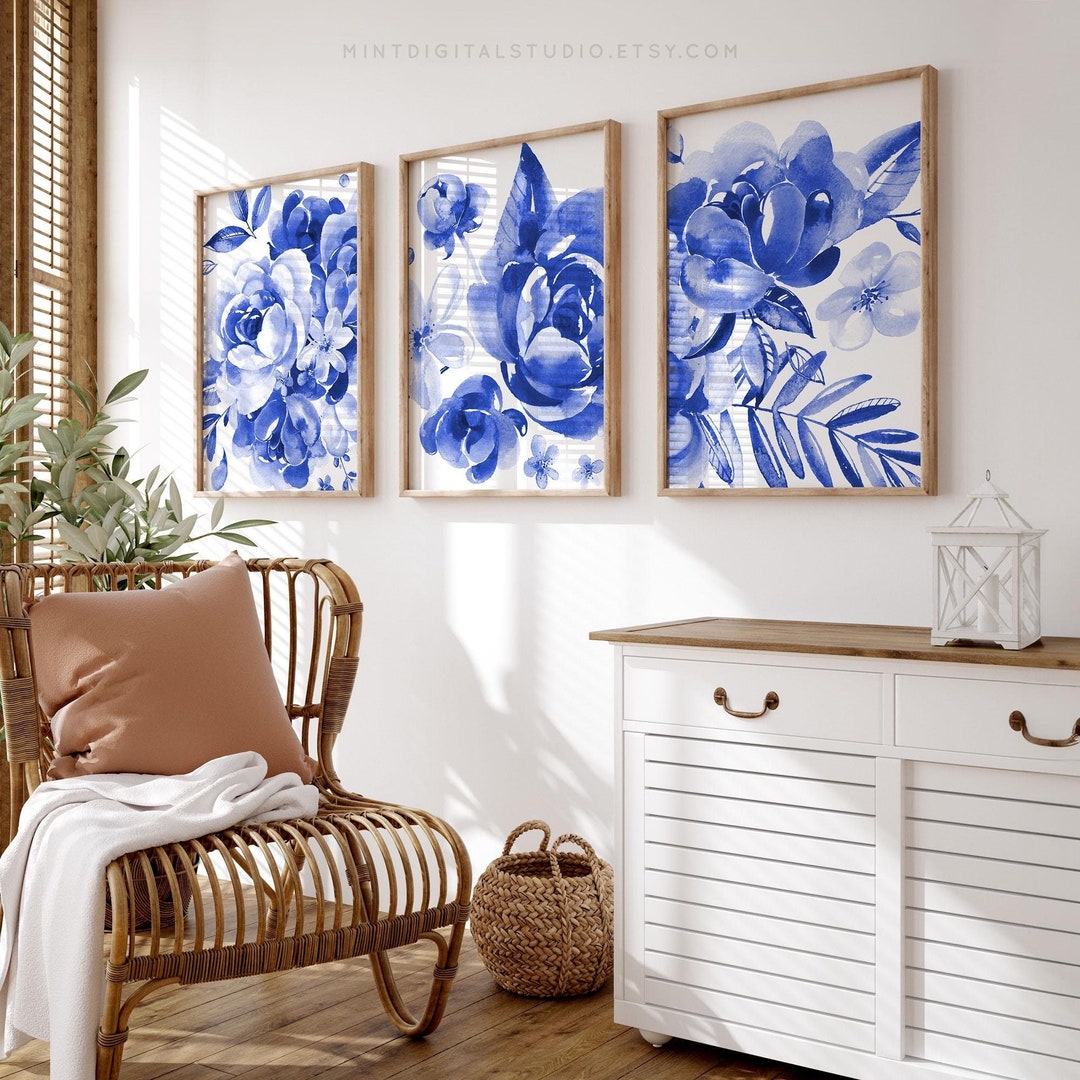 Blue Floral Wall Art Set of 3 – Coastal Botanical Prints, Modern ...