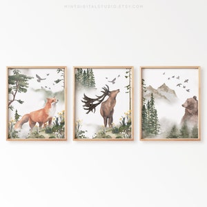 Woodland Animal Nursery Prints – Set of 3 Forest Wall Art for Boys Room – Printable Rustic Baby Room Decor