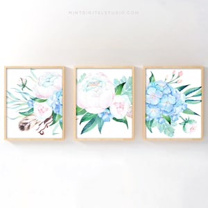 Blaue Hortensie Wandkunst Set von 3 - druckbare Aquarell Blumendrucke, Küstenhütte botanische Dekoration für Kinderzimmer, Schlafzimmer oder Wohnzimmer