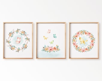 Watercolor Butterfly Nursery Wall Art Set of 3, Floral Boho Baby Girl Room Decor, Butterfly Flower Print, Baby Shower Gift, Instant Download