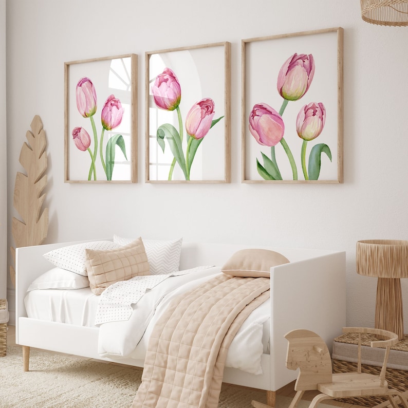 Watercolor Tulip Wall Art Set of 3, Pink Floral Printable, Botanical ...