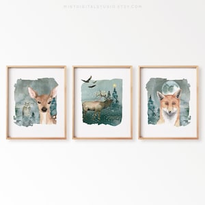 Woodland Nursery Wall Art Set of 3, Forest Animals Prints for Boy Nursery, Watercolor Woodland Decor, Printable Toddler Room Art