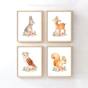Set of 4 Woodland Animal Nursery Prints – Forest Creatures with Flowers Wall Art – Girl Boho Nursery Decor, Instant Download