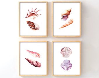Watercolor Seashell Wall Art Set of 4, Coastal Beach Bathroom Printable, Beach House Decor, Ocean Shell Print, Instant Download
