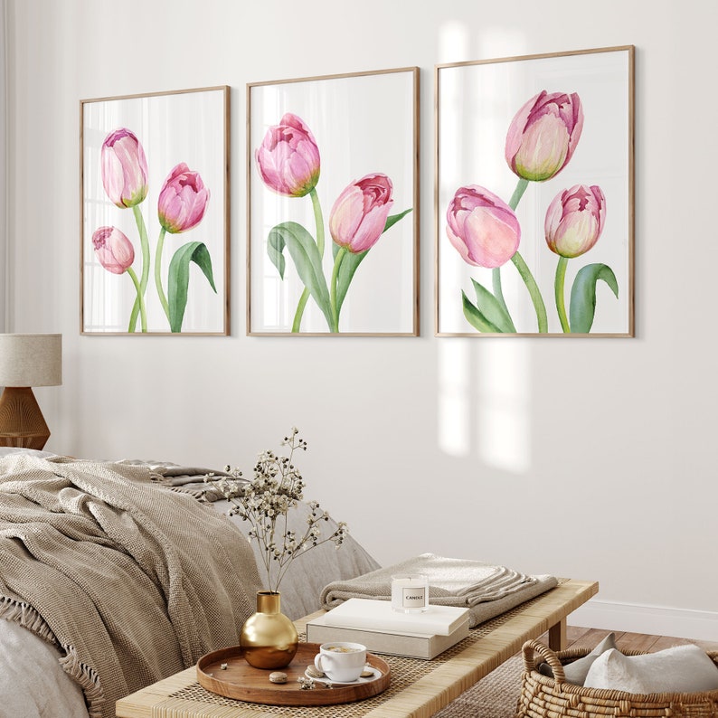 Watercolor Tulip Wall Art Set of 3, Pink Floral Printable, Botanical ...