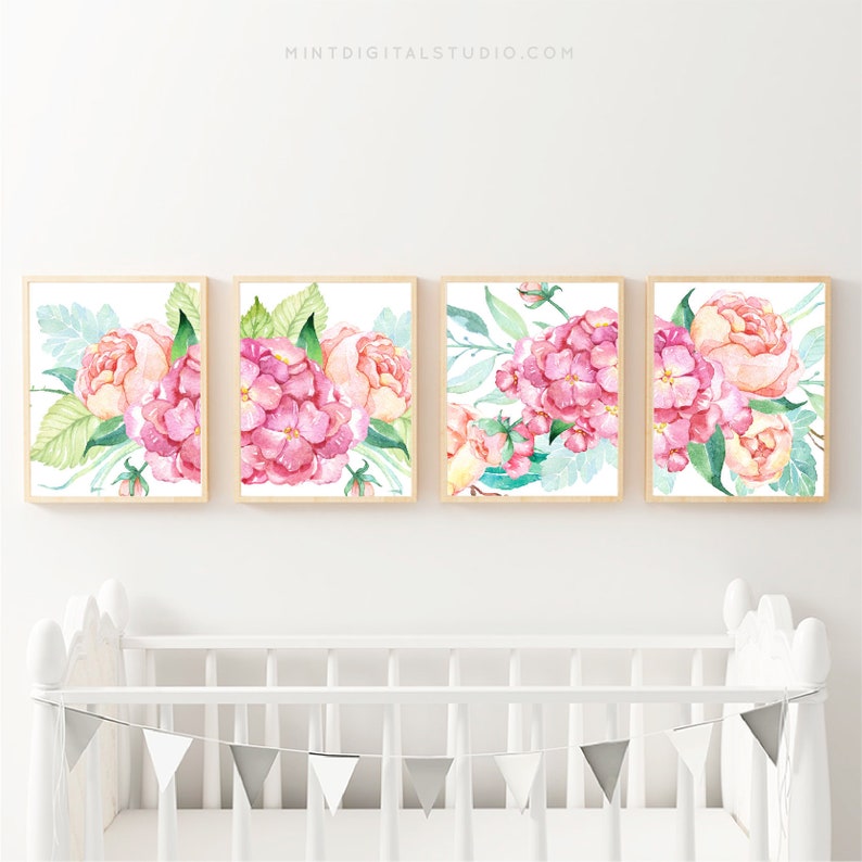 tercolor pink hydrangea wall art set of 4 beach house floral printable girl room bedroom decor