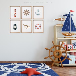 Rope knot lantern lifebuoy nautical printable art ocean decor set